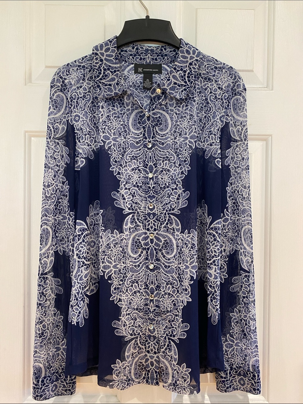 INC International Concepts Navy & White Lace-Print Long-Sleeve Button Shirt